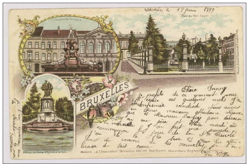 BRUXELLES : Fontaine De Brouckère, Place Du Petit Sablon, Statues Des Comtes D'Egmont Et De Horn, 1899 - Litho *f4454 - Monuments, édifices