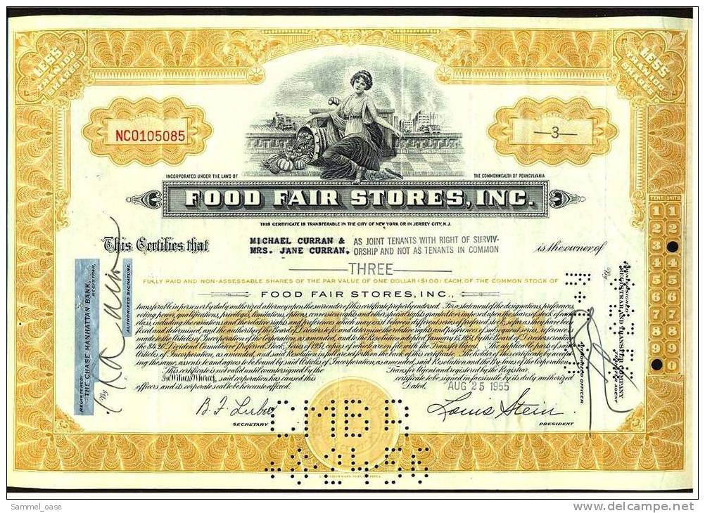 1955  Aktie  Hist. Wertpapier  -  Food Fair Stores , Inc.   -  3 Shares - D - F