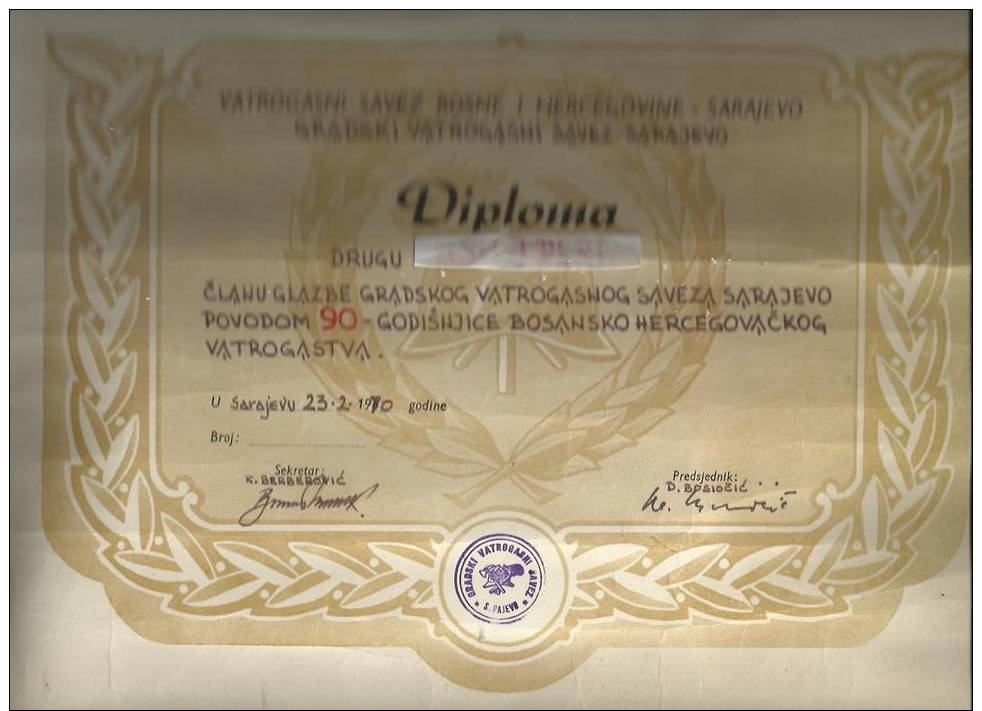 BOSNIA SARAJEVO.DIPLOME. ASSOCIATION DES POMPIERS - Historische Dokumente