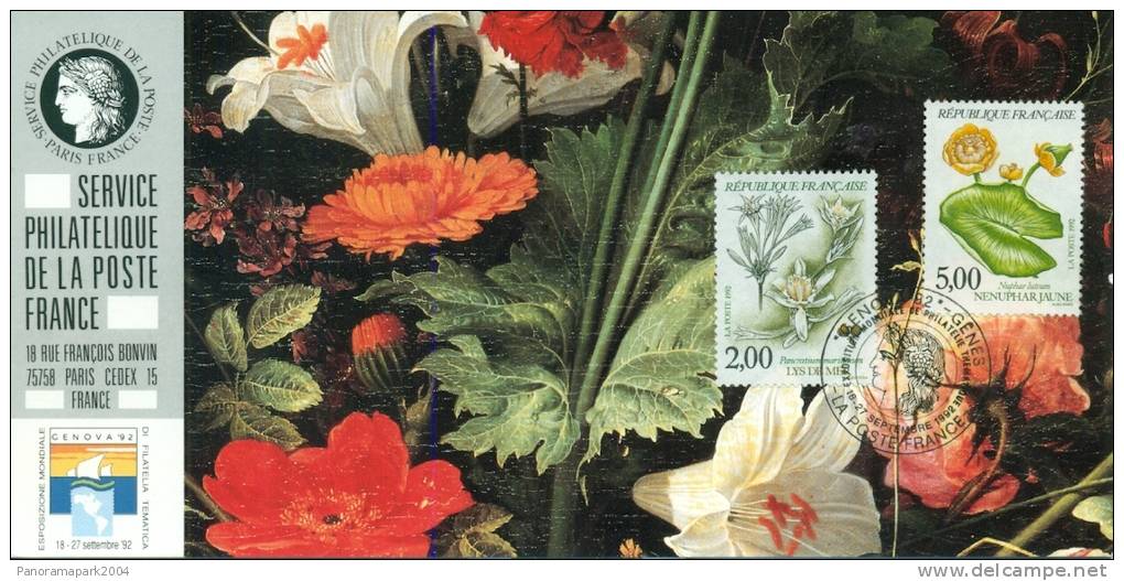 096 Carte Officielle Exposition Internationale Exhibition Genova 1992 France FDC Fleurs Flowers Blumen Nenuphar Lys - Briefmarkenausstellungen