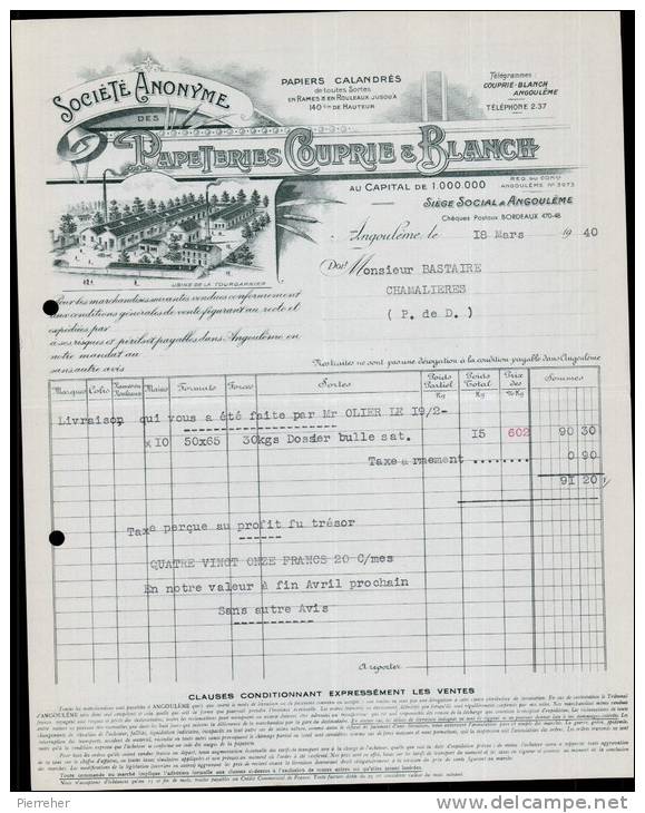 PAPETERIE COUPRIE & BLANCH A ANGOULEME/ FACTURE DATEE 1940 - Imprimerie & Papeterie