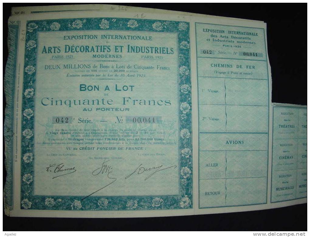 Bon à Lots"Exposition Internationale Des Arts Decoratifs Et Industriels"Paris 1925 Excellent état. - Industrie