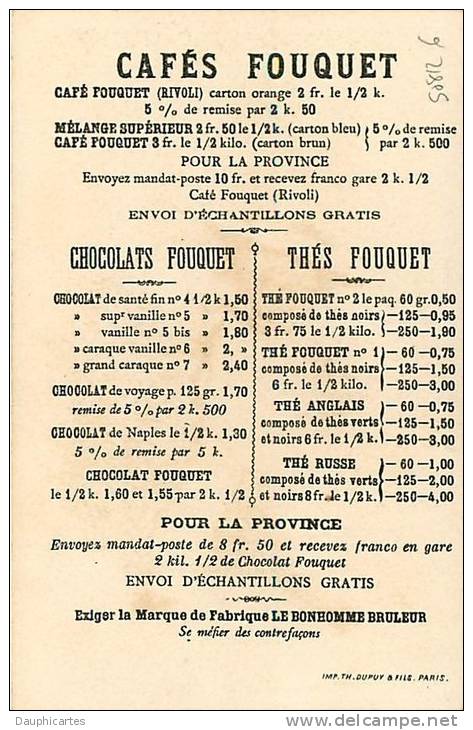 Café Fouquet, Rue De Rivoli Paris, Usine Vapeur, Prix Au Dos. Chromo Dorée 7.5 X 11.5 Env. - Thé & Café