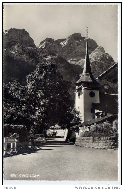 Suisse---GSTEIG 1192m--env 1950-55--Eglise (belle Voiture) ,cpsm 9 X 14 éd Sartori--cachet  "Col Du Pillon " Au Verso - Gsteig Bei Gstaad