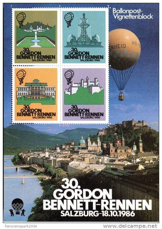 30. Gordon Bennett Rennen Salzburg 18.10.1986 Österreich Vignettenblock Ballonpost Heißluftballon - Montgolfières