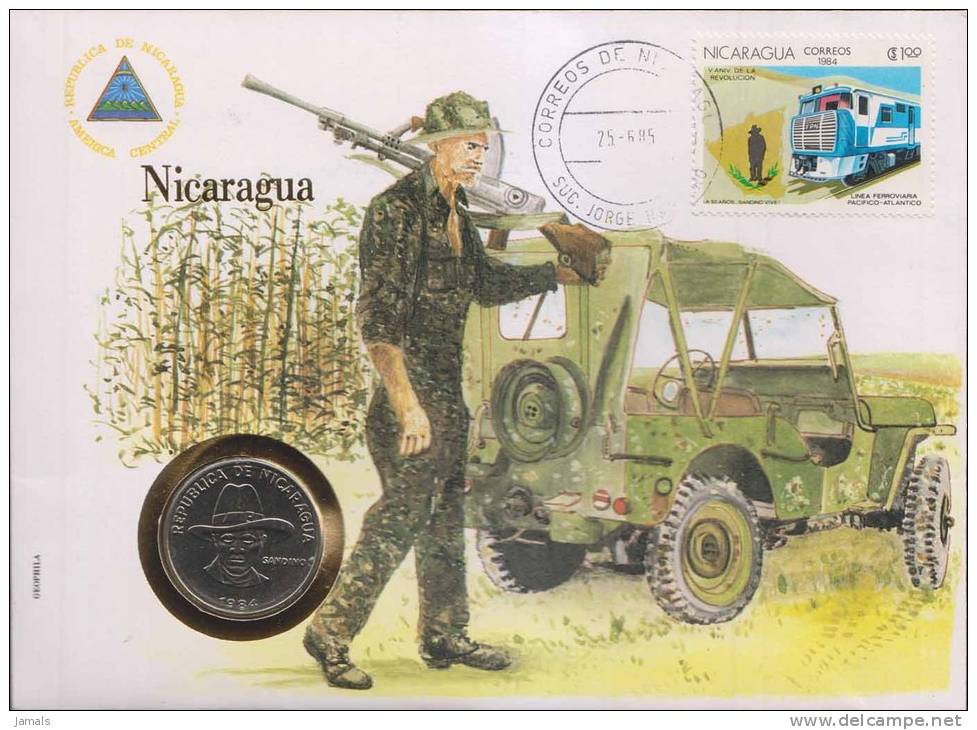 Gun, Jeep, Automobile, Train, Locomotive, Numismatic Cover, Coin, Nicaragua - Nicaragua
