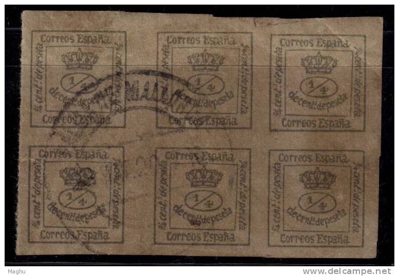 Spain Used 1872, Imperf., Block Of  6 - Oblitérés