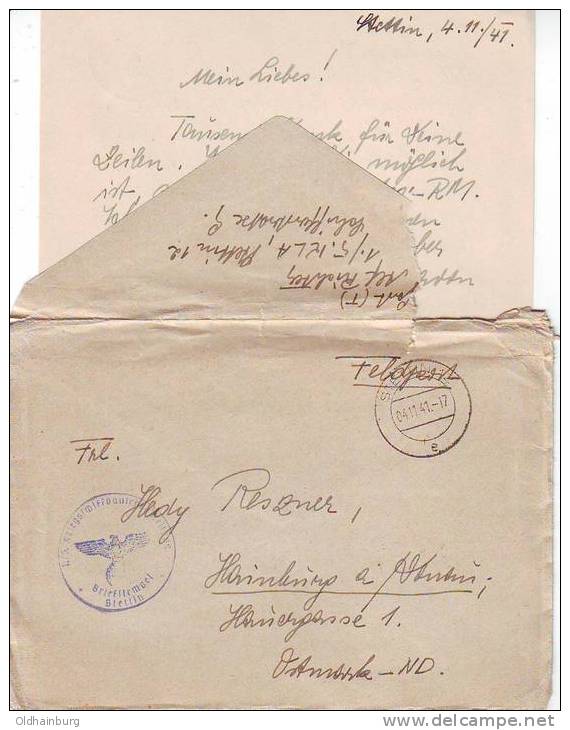 901o: Feldpostbrief Stettin 4.11.41 In Die Ostmark Gelaufen - Other & Unclassified