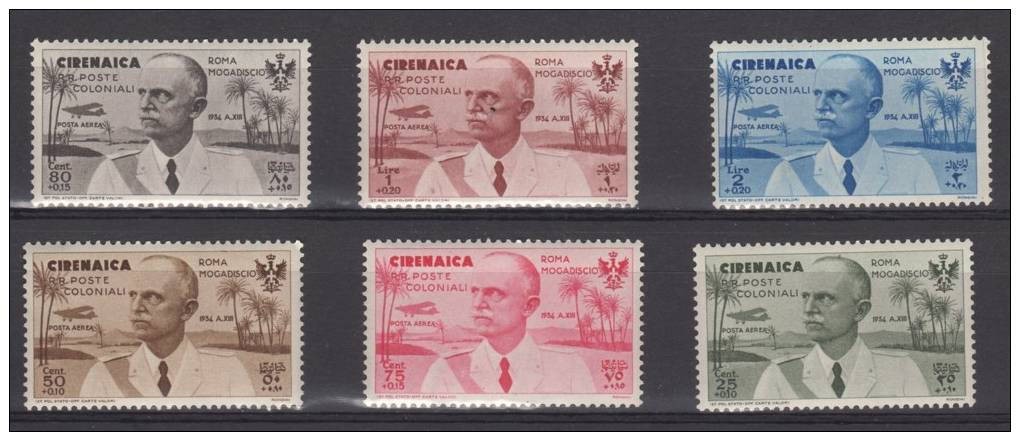 ITALIA COLONIE CIRENAICA 1934 SERIETTA ROMA-MOGADISCIO N° 30/35 6 V. MNH (r. 7010) - Cirenaica