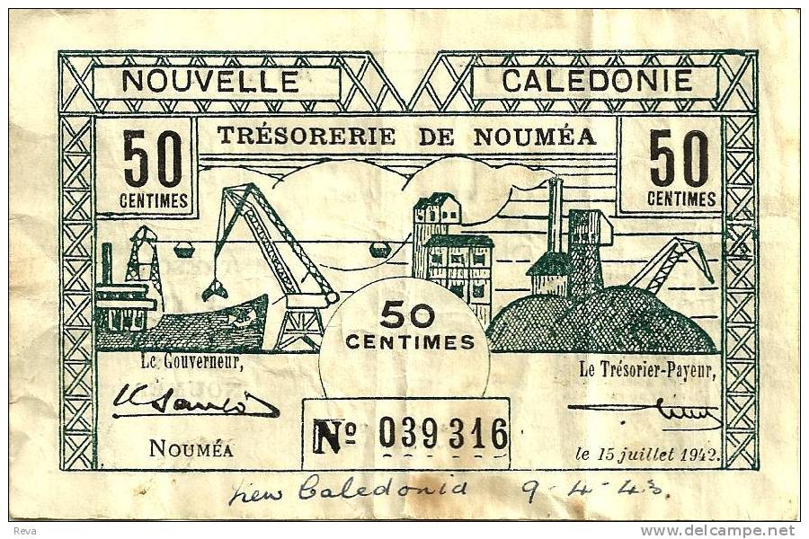 NEW CALEDONIA 50 CENTIMES MINE FRONT ANIMAL HEAD BACK WWII EMERGENCY ISSUE DATED 15-06-1942 P51 AVF READ DESCRIPTION!! - Nouméa (New Caledonia 1873-1985)