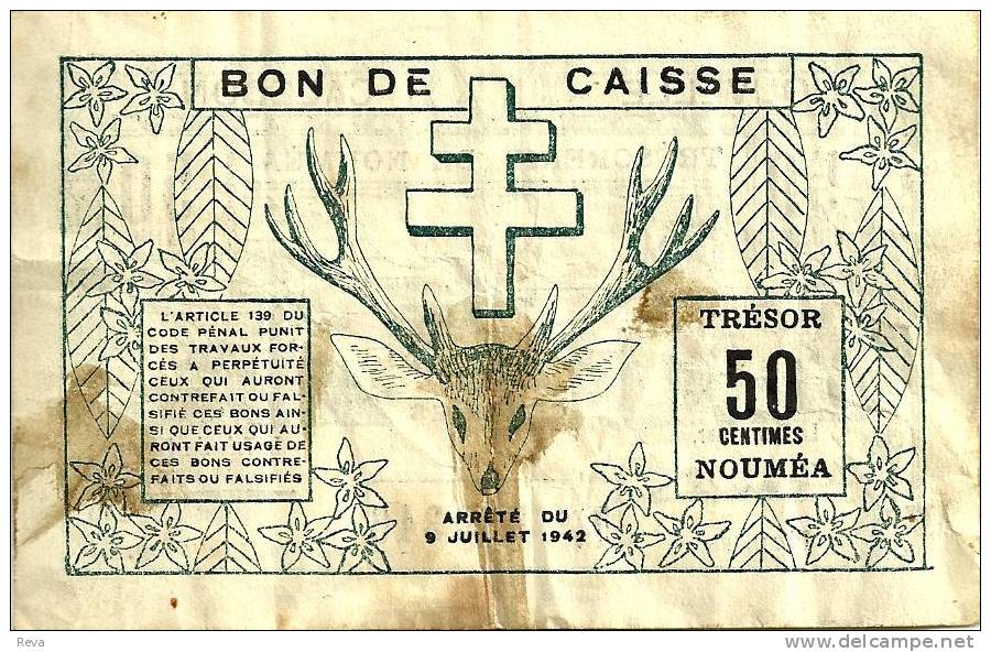 NEW CALEDONIA 50 CENTIMES MINE FRONT ANIMAL HEAD BACK WWII EMERGENCY ISSUE DATED 15-06-1942 P51 AVF READ DESCRIPTION!! - Nouméa (Neukaledonien 1873-1985)