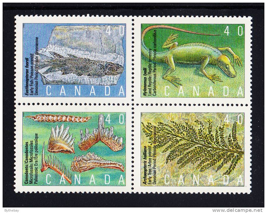 Canada MNH Scott #1309a Block Of 4 40c Conodonts, Archaeopteris, Eusthenopteron Foordi, Hylonomus Lyelli - Prehistoric - Unused Stamps