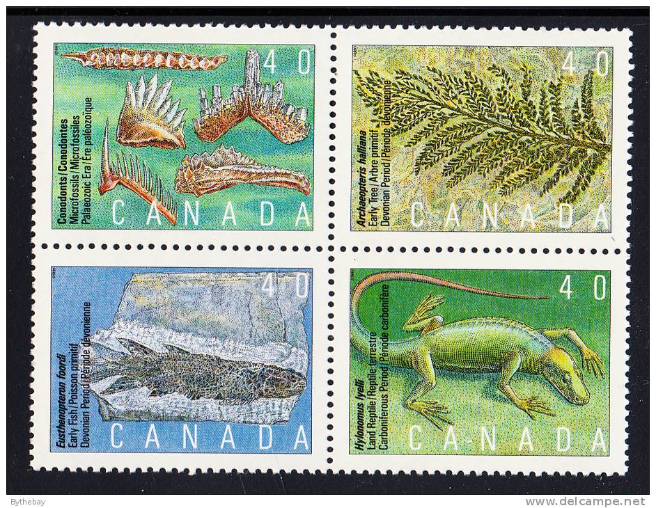 Canada MNH Scott #1309a Block Of 4 40c Conodonts, Archaeopteris, Eusthenopteron Foordi, Hylonomus Lyelli - Prehistoric - Unused Stamps