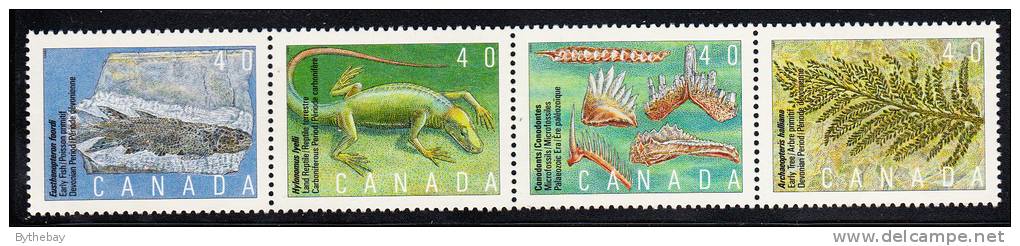 Canada MNH Scott #1309a Strip Of 4 40c Conodonts, Archaeopteris, Eusthenopteron Foordi, Hylonomus Lyelli - Prehistoric - Unused Stamps