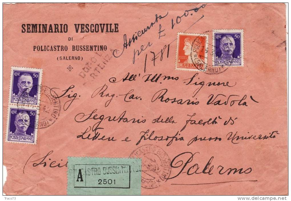 POLICASTRO BUSENTINO / PALERMO - Cover_ Lettera Assic. 14.3.1942  -  Imperiale Lire 1,75 + Cent. 50 X 3 - Storia Postale