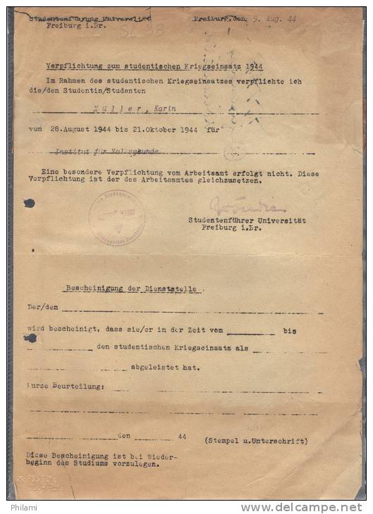 LUXEMBURG, VERPFLICHTUNG ZUM STUDENTISCHEN KREIGSEINSATZ 1944, NAZI OCCUPATION. (SL33) - Documents Historiques