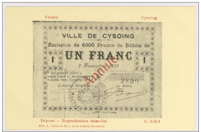 Reproduction Sur Carte : Bon Communal : CYSOING, 1914 - Guerre 14-18 *f5704 - Altri & Non Classificati