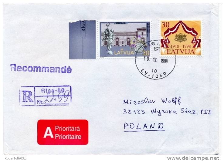 Latvia 1998 Registered Cover From Riga To Poland Multifranked With Arsenal Of Riga And 80th Anniversary Independence - Lettland