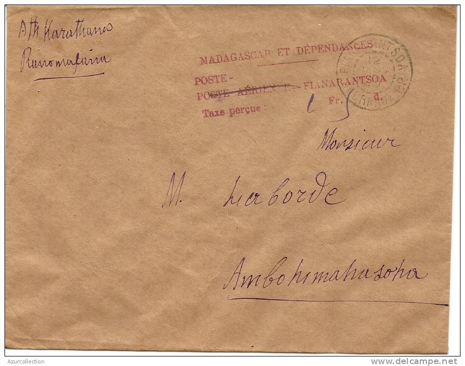 LETTRE POSTE AERIENNE TAXE PERCUE DE FIANARANTSOA . 1945 - Covers & Documents