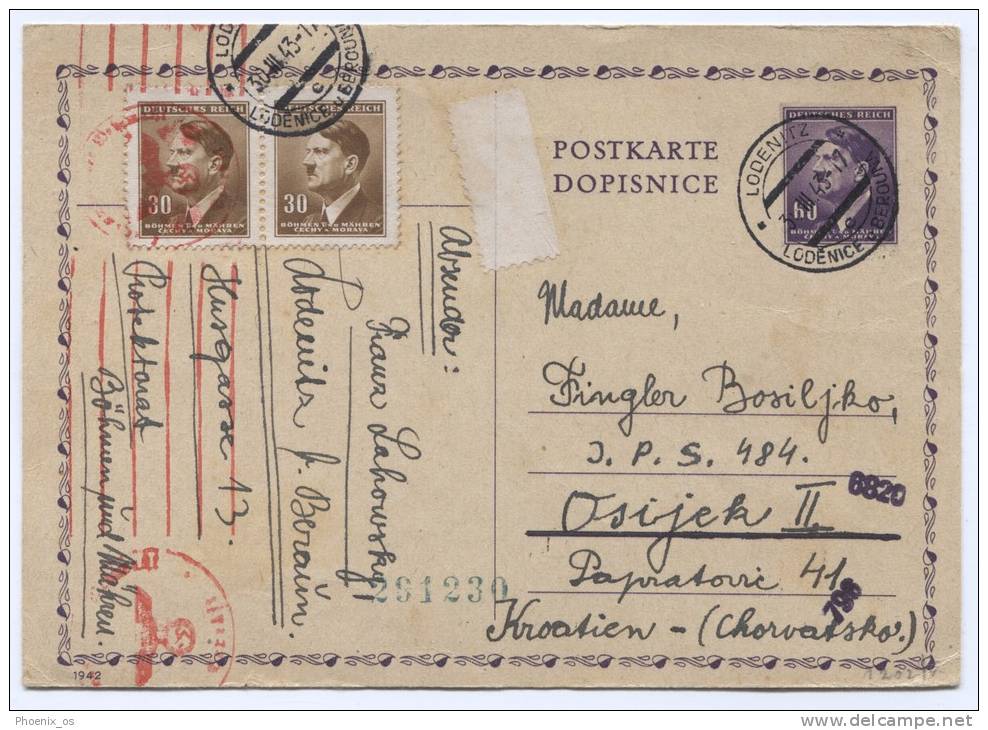 Czech Republic, Germany, WW2 - Lodenice, 1943. Postal Stationery, Censorship, Traveled To Osijek Croatia / NDH - Storia Postale