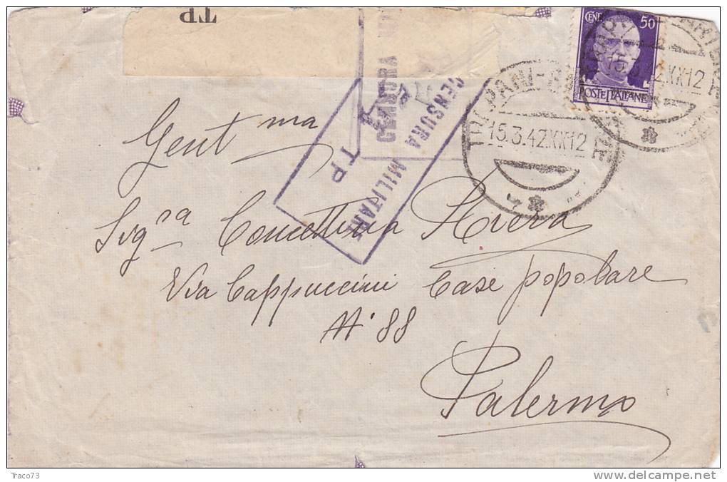 TRAPANI /  PALERMO  15.3.1942 - Cover _ Lettera   " Censura Militare 54 TP " - Imperiale Cent. 50 Isolato - Storia Postale