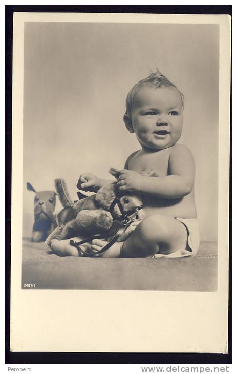 Kid  Baby   Children  With   Horse Toy      Old Postcard - Photographie