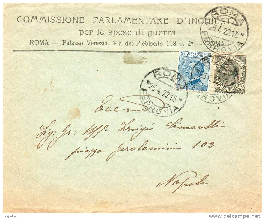 1922 LETTERA INTESTATA  COMMISSIONE PARLAMENTARE D' INCHIESTA  PER LE SPESE DI GUERA  CON ANNULLO ROMA - Marcophilia