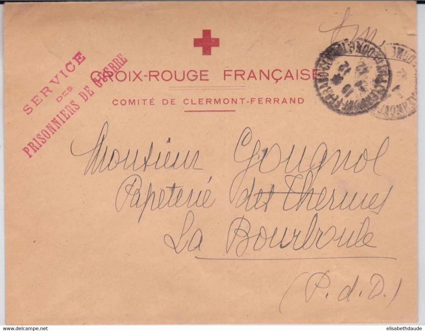 1942 - ENVELOPPE De La CROIX-ROUGE SERVICE DES PRISONNIERS DE GUERRE à CLERMONT-FERRAND - Croix Rouge