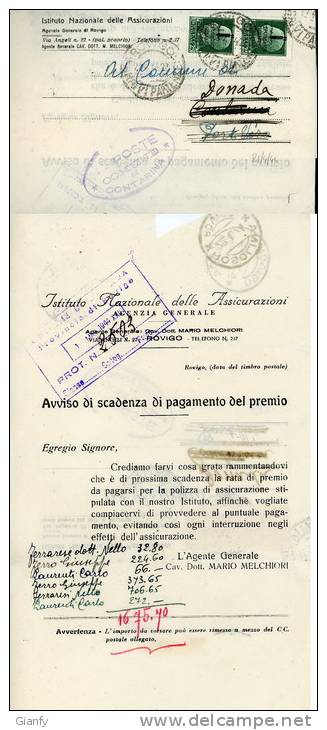 R.S.I. 25 C. COPPIA 1944  ROVIGO X CONTARINA X ROSOLINA X CONTADA ASSICURAZIONE - Storia Postale