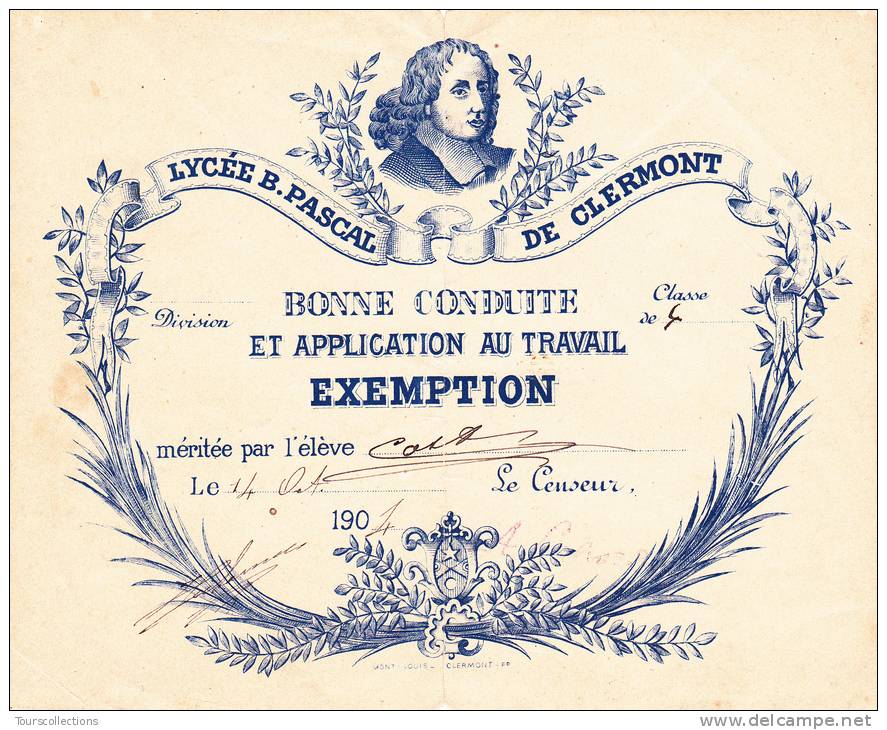 Diplôme De 1904 - Lycée Blaise Pascal De Clermont Ferrand - Certificat De Bonne Conduite Et Application Au Travail - Diploma & School Reports