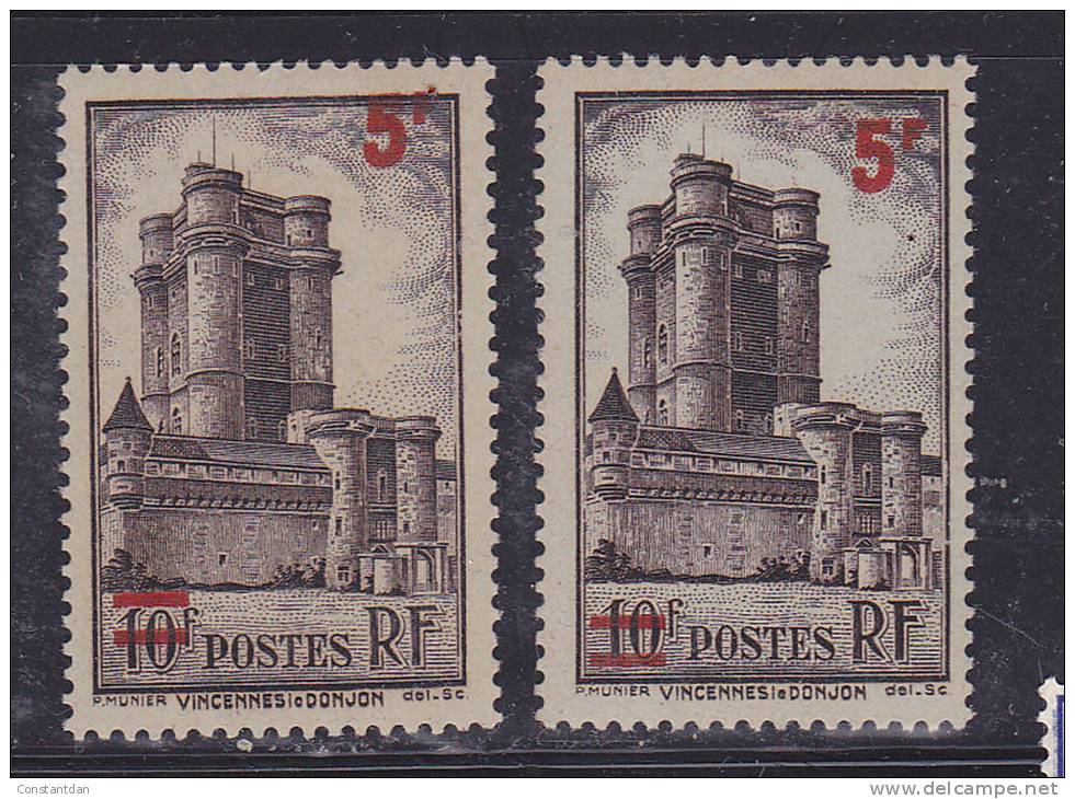 FRANCE N° 491 5F S 10F BRUN S AZURE DONJON DE VINCENNES  2 SURCHARGES DIFFERENTES NEUF SANS CHARNIERE - Unused Stamps
