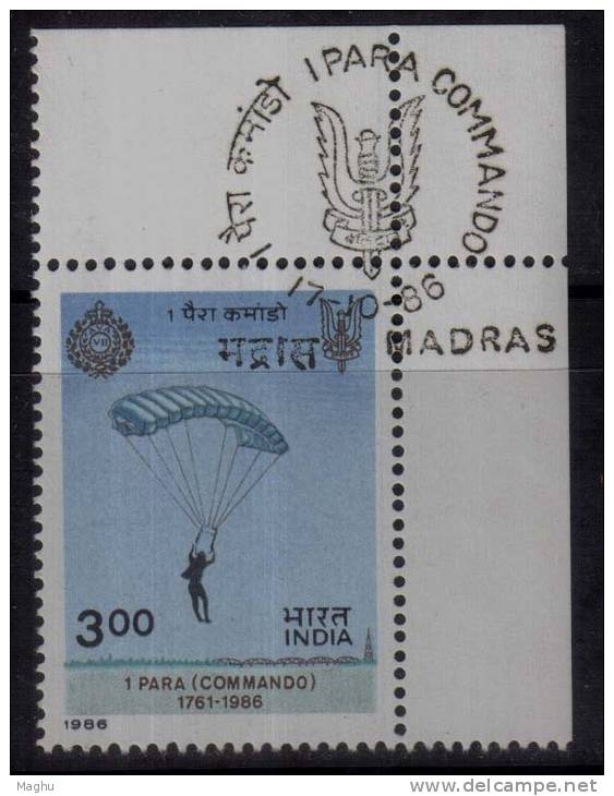 First Day Postmark On India  Mint 1986,  PARA COMMANDO, Parachutting, Defence, Army, Militaria, Sport - Parachutisme