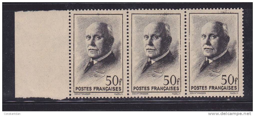 FRANCE  N°526 50F NOIR TYPE MAZELIN CHEVEUX SUR LE HAUT DU CRANE TIMBRE DU MILIEU BANDE DE 3  NEUF SANS CHARNIERE - Unused Stamps
