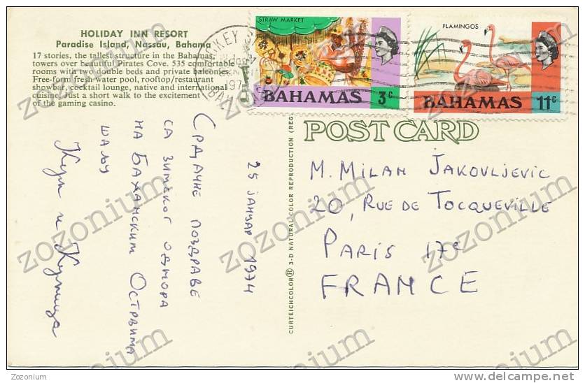 1974 BAHAMAS, Nassau, Hotel Holiday Inn, Stamp ,flamingos, Vintage Old Postcard - Bahamas