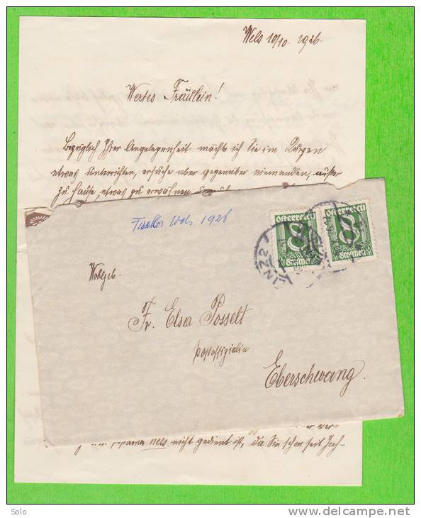 Sur Enveloppe + Lettre écrite Le 10-10-1926 - AUTRICHE - 2 Timbres - Storia Postale