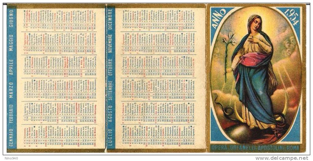 CALENDARIETTO - ANNO 1954 - Mm. 65X98 - Religione & Esoterismo