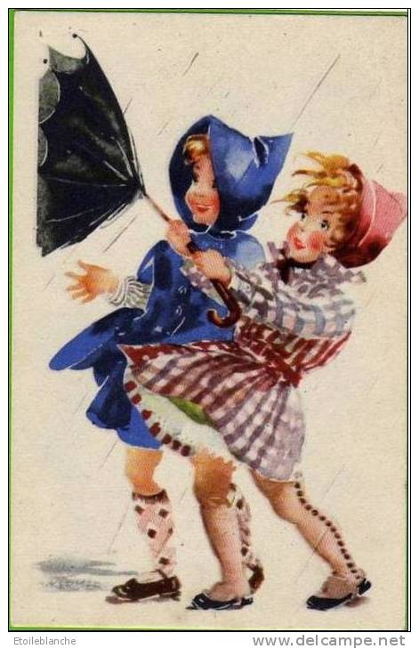 Carte Illustrée Enfants, Petites Filles, Vent, Pluie, Parapluie Qui Se Retourne, Capuche - Zeitgenössisch (ab 1950)
