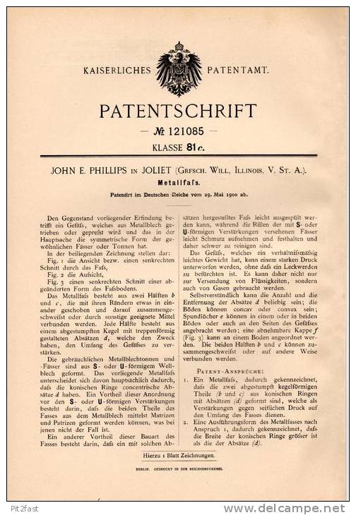 Original Patentschrift - J. Phillips In Joliet , Illinois , 1900 , Fass Aus Metall , Faß , Fässer !!! - Historische Dokumente