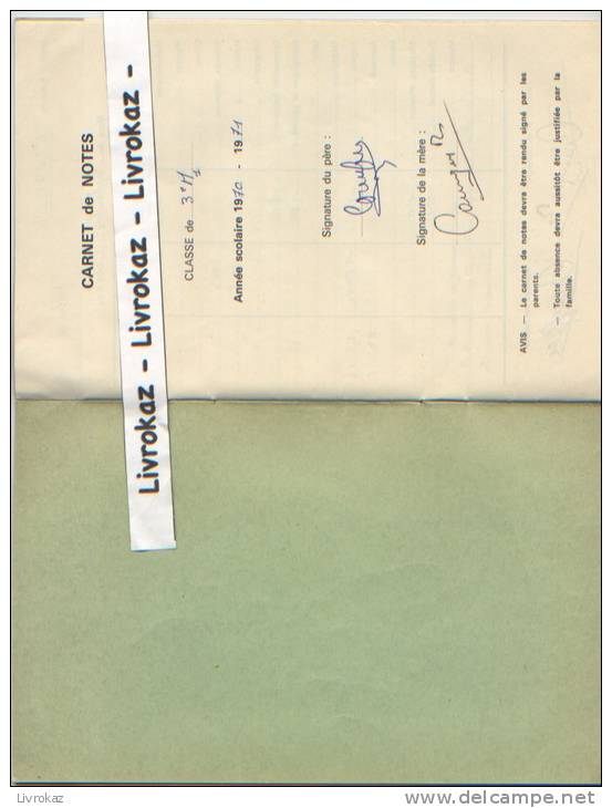 Institution Notre Dame De La Motte à Vesoul (Vosges), Carnet De Notes D'une élève De 3ème (1970/71), 28 Pages - Diplomas Y Calificaciones Escolares