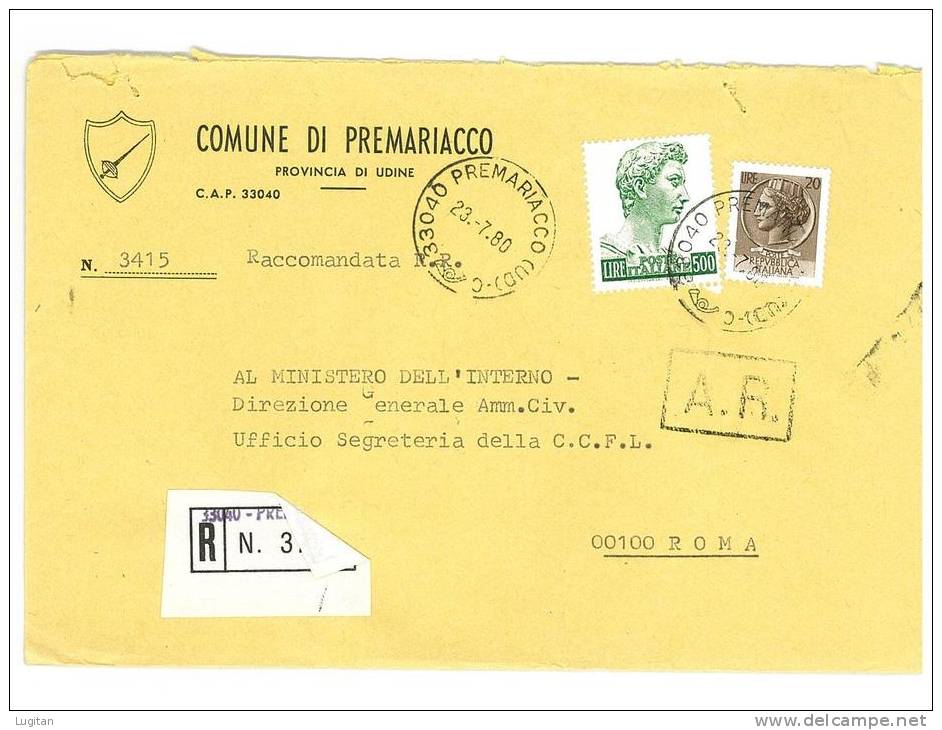 PREMARIACCO  33040  PROV. UDINE  - ANNO 1980  -  R   -  TEMA TOPIC COMUNI D'ITALIA - STORIA POSTALE - Macchine Per Obliterare (EMA)