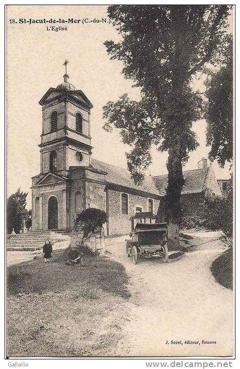 ST JACUT DE LA MER  L'EGLISE CPA ANIMEE AVEC VOITURE  DE 1917 - Saint-Jacut-de-la-Mer