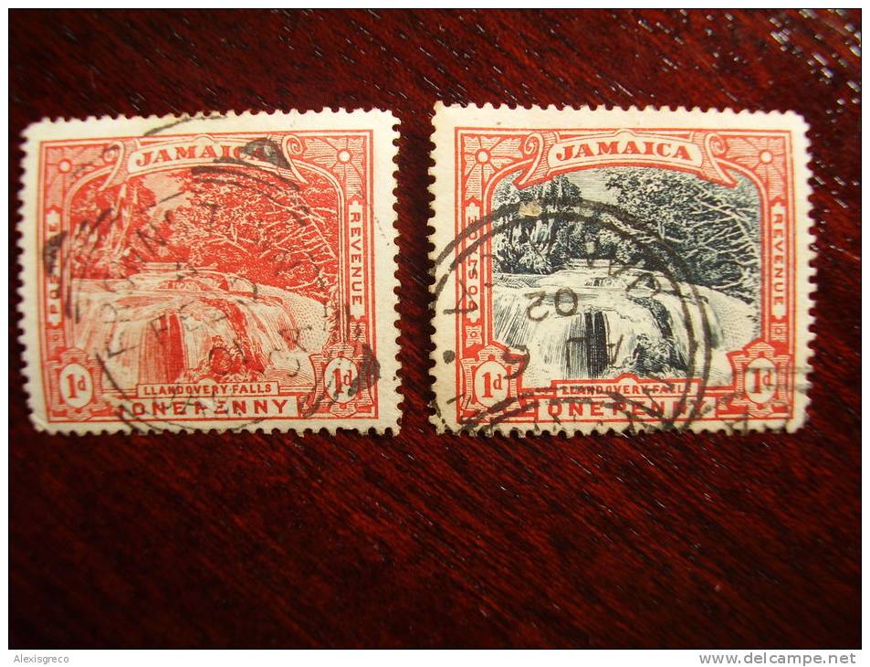 JAMAICA  1900 LLANDOVERY FALLS Issue ONE PENNY Both TYPES USED. - Jamaica (...-1961)
