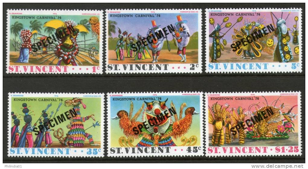 St. Vincent 1976 Kingston Carnival Dance Costumes Mask Art SPECIMEN Sc 457-62 MNH # 2390 - Carnival