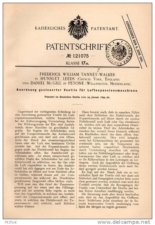 Original Patentschrift - F. Tannett In Hunslet , Leeds Und Petone , 1899 , Luft - Expansionsmaschine , Ventile !!! - Tools