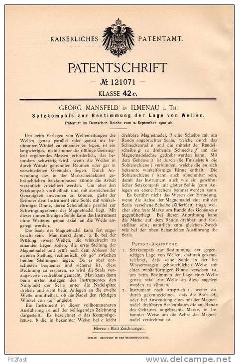 Original Patentschrift - Georg Mansfeld In Ilmenau I. Th. , 1900 , Setzkompaß Für Wellen , Kompaß , Kompass !!! - Techniek & Instrumenten