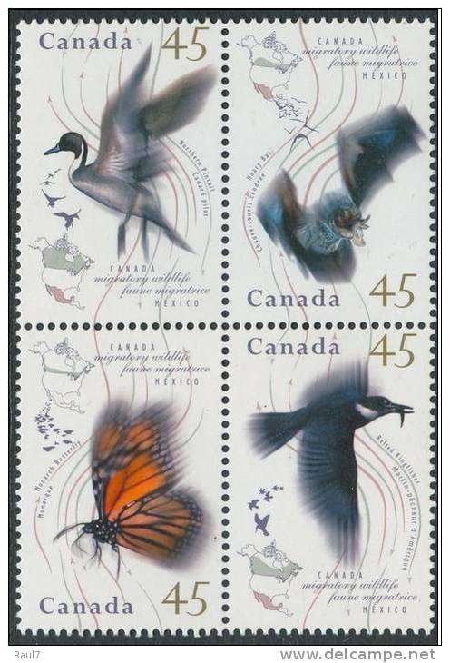 CANADA 1995 - Faune Migratrice, Oiseaux, Papillon, Chauve-sourris - 4v Neufs // Mnh // Variété Sans F - Neufs
