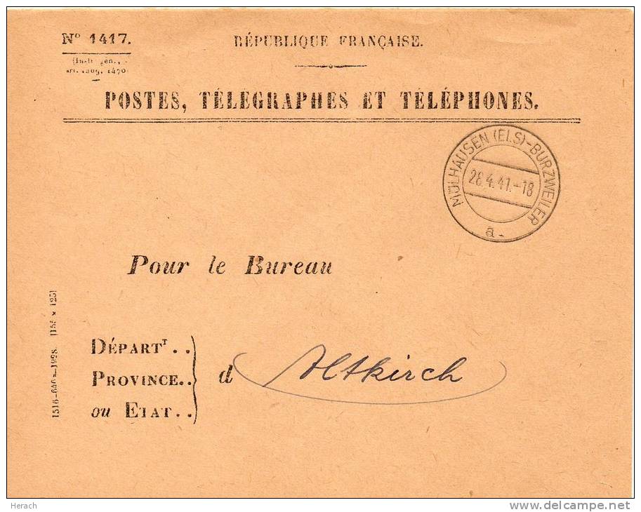 FRANCE ALSACE LETTRE DE SERVICE MULHAUSEN BURZWEILER 1941 - Autres & Non Classés