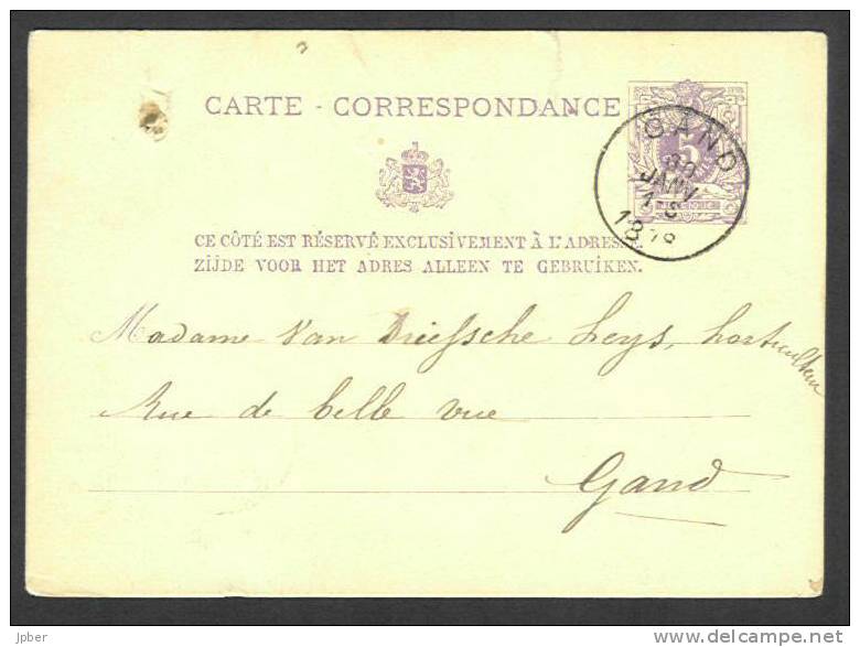 (J478) Belgique - Carte-correspondance De Gand à Gand (Gent) Du 30/01/1878 - 1893-1907 Armoiries