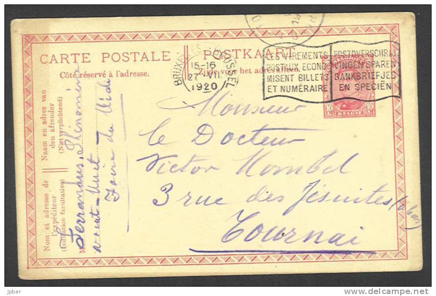 (J479) Belgique - Carte-correspondance à 10c (Albert Ier émission 1915) De Bruxelles à Tournai Du 27/7/1920 - Briefkaarten 1909-1934