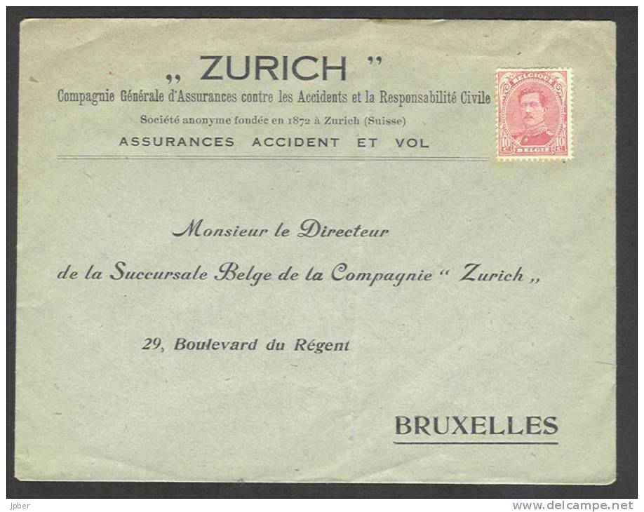 (J489) Belgique - Albert Ier N°138 Sur Lettre (n'a Pas Circulé) - Compagnie D'assurances Zurich - 1915-1920 Albert I